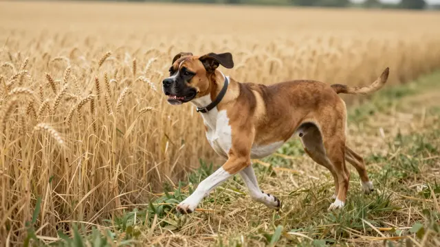 A fawn boxer dog bounds along a grassy mown path beside a golden wheat field, shown in side profile.