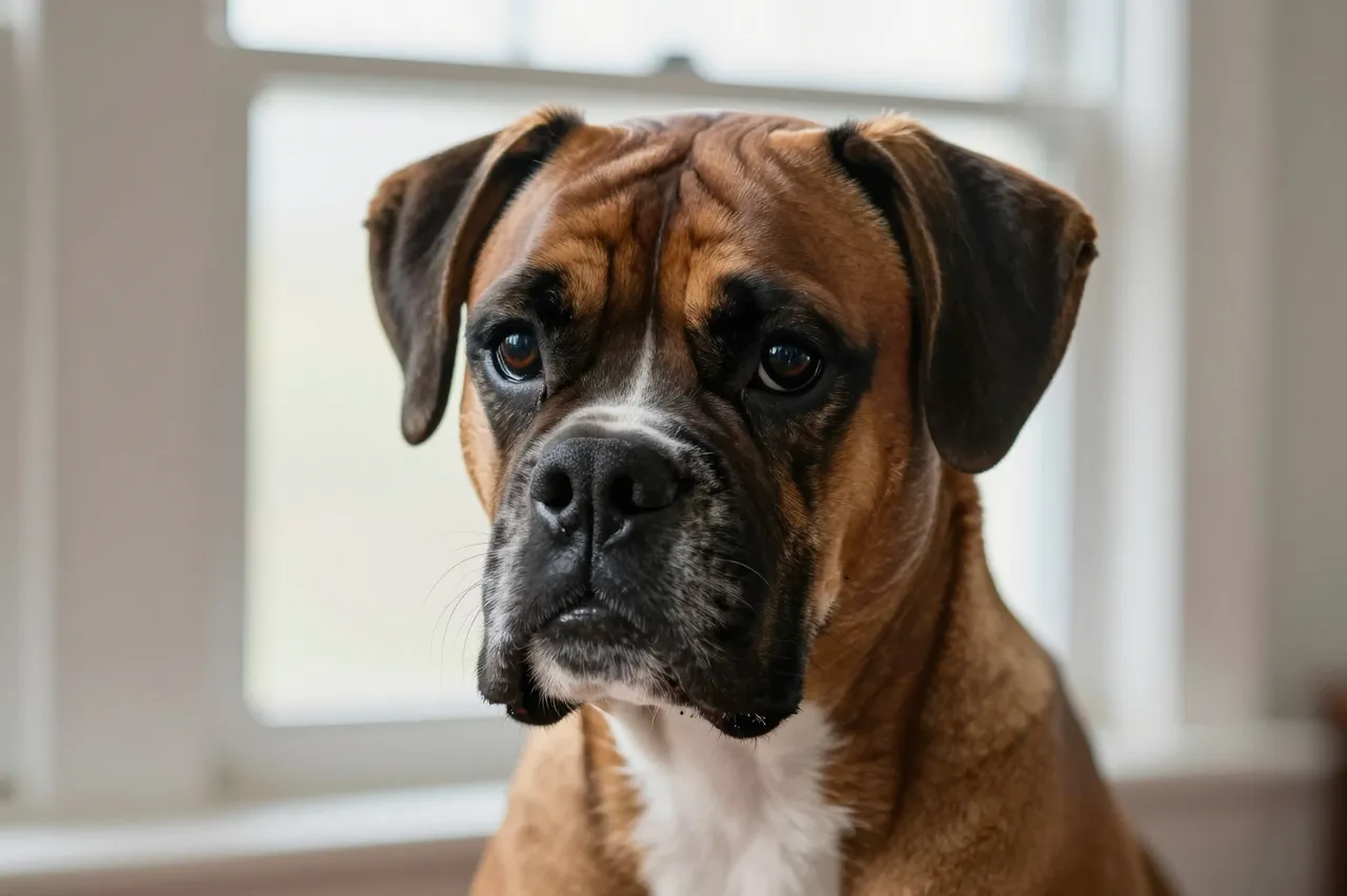 A close-up portrait of a fawn boxer dog looking directly at the camera near a bright indoor window.
