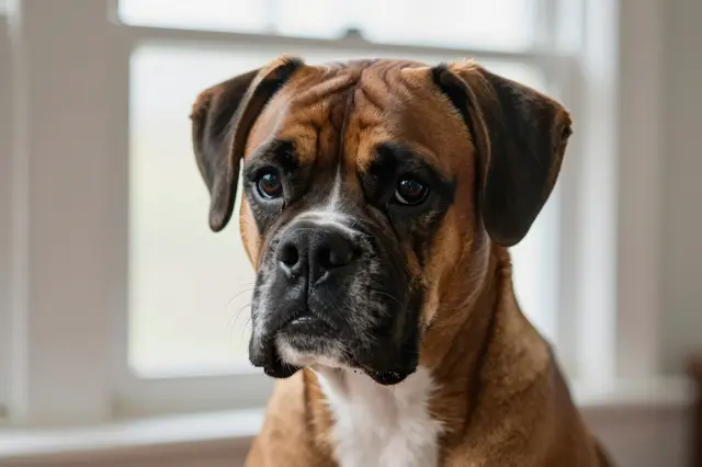 A close-up portrait of a fawn boxer dog looking directly at the camera near a bright indoor window.