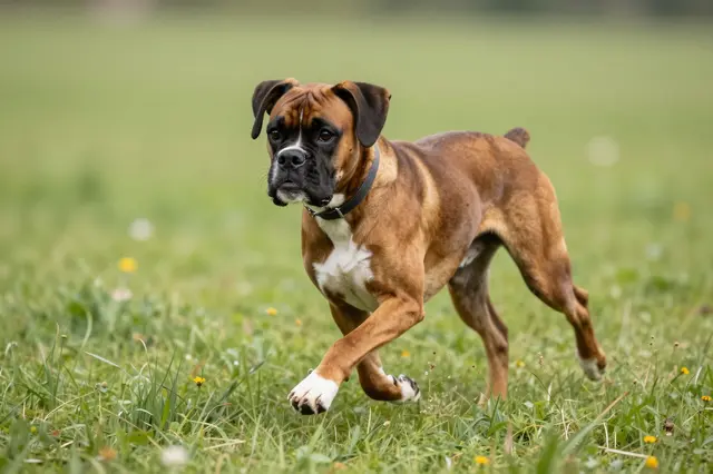 A fawn and white boxer dog wearing a collar moves across a lush green summer meadow.