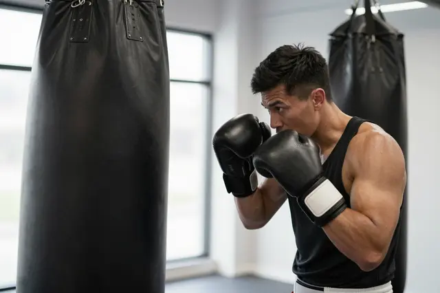 A male boxer in a guard stance prepares to punch a heavy leather bag in a bright gym.