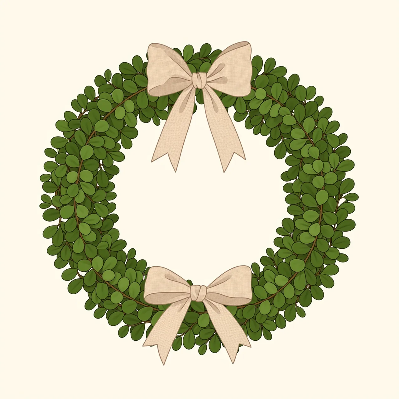 A round boxwood leaf wreath adorned with two linen bows on a solid cream background