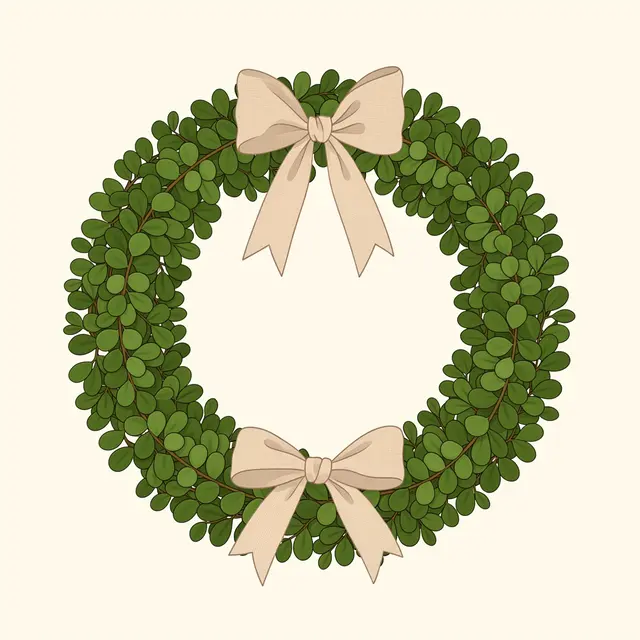 A round boxwood leaf wreath adorned with two linen bows on a solid cream background