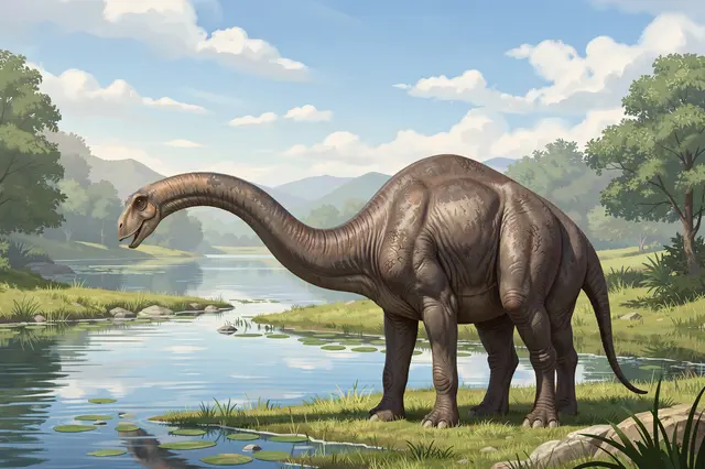 A long-necked brachiosaurus stands on grassy lakeshore in a lush prehistoric landscape