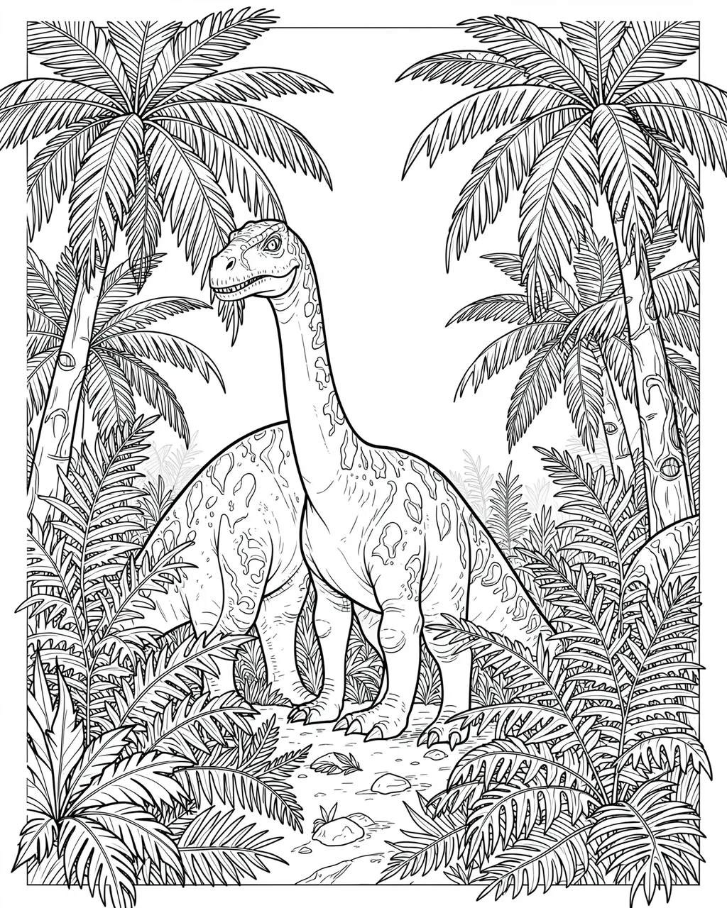 Black and white line art of a long-necked sauropod dinosaur standing between tropical prehistoric plants on a white