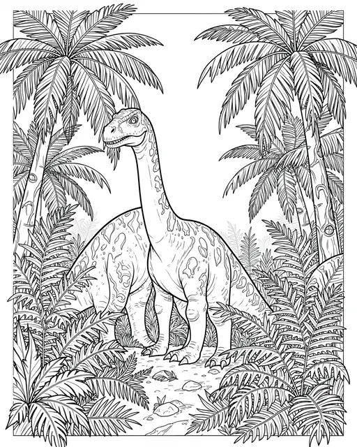 Black and white line art of a long-necked sauropod dinosaur standing between tropical prehistoric plants on a white