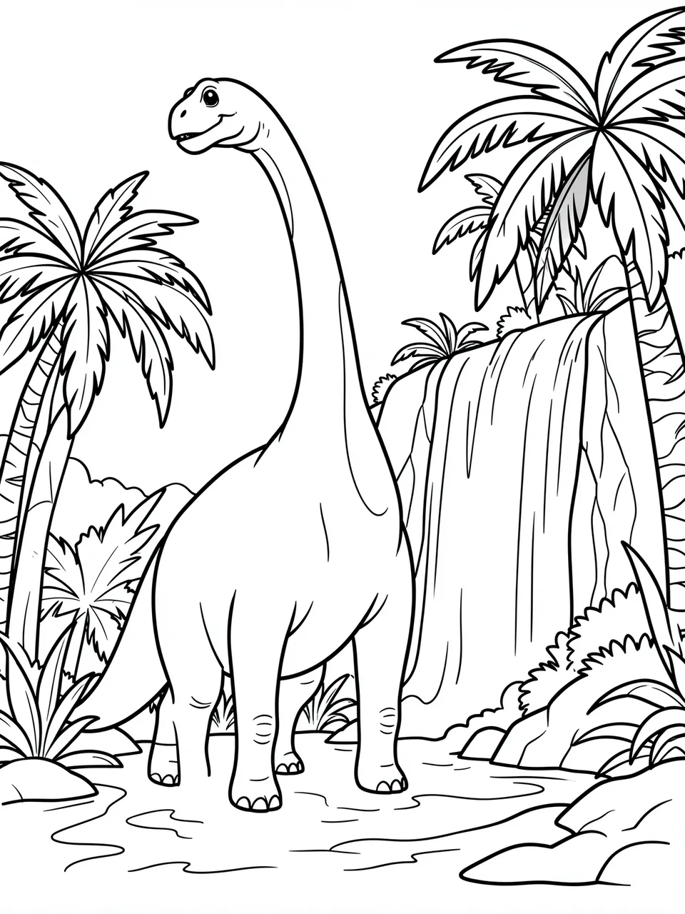 Black and white line art of a brachiosaurus standing beside a waterfall and palm trees on a white background