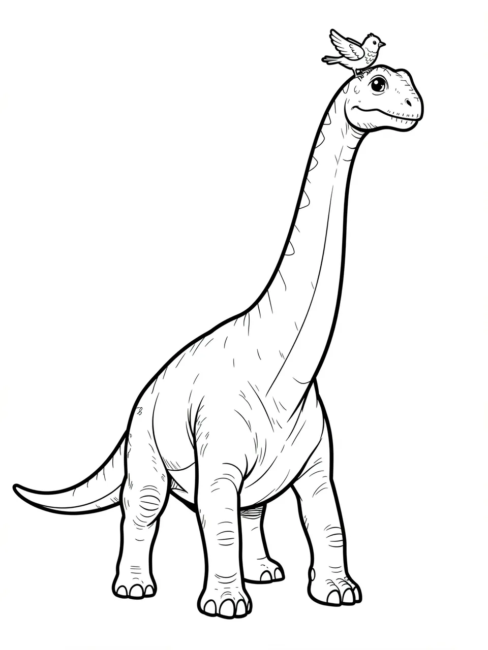 Black and white bold line art of a friendly brachiosaurus with a small bird perched on its head, isolated on a plain white