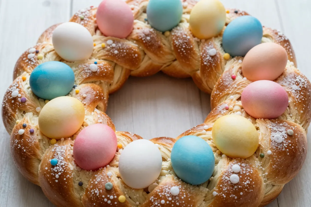 A braided Easter bread wreath decorated with pastel colored eggs and sugar sprinkles rests on a light wooden surface