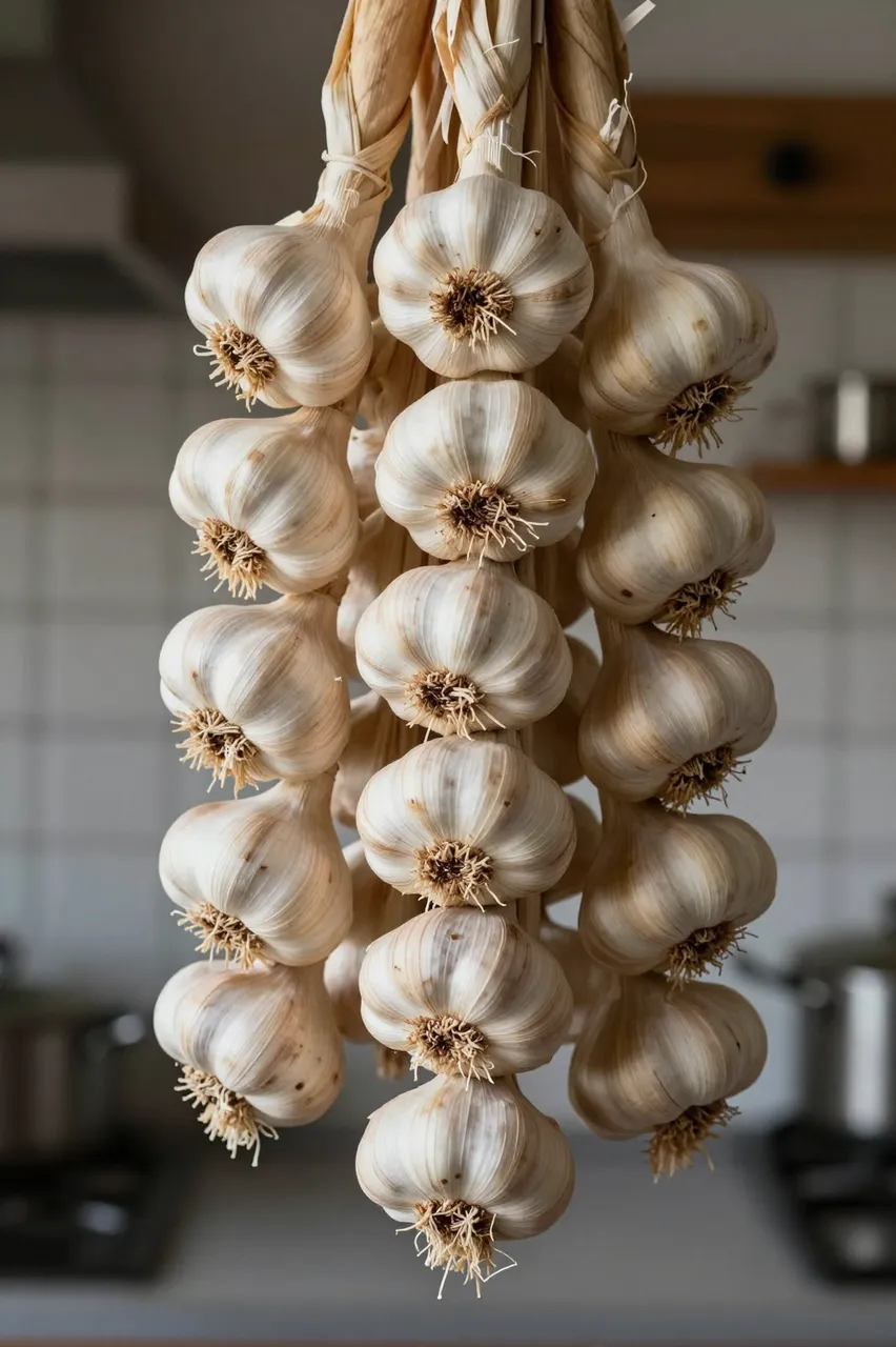 A bunch of braided garlic hangs in sharp focus against a blurred farmhouse kitchen background.