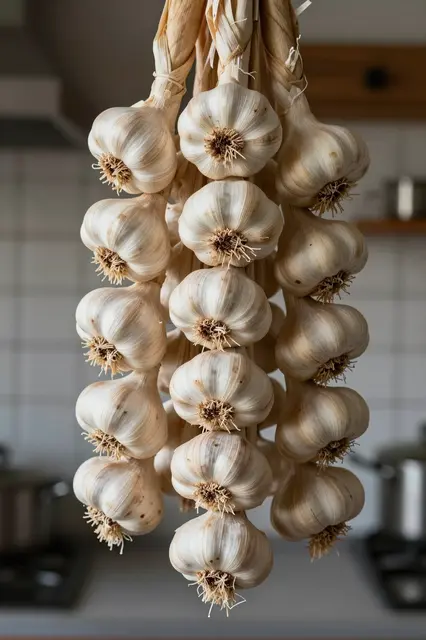 A bunch of braided garlic hangs in sharp focus against a blurred farmhouse kitchen background.