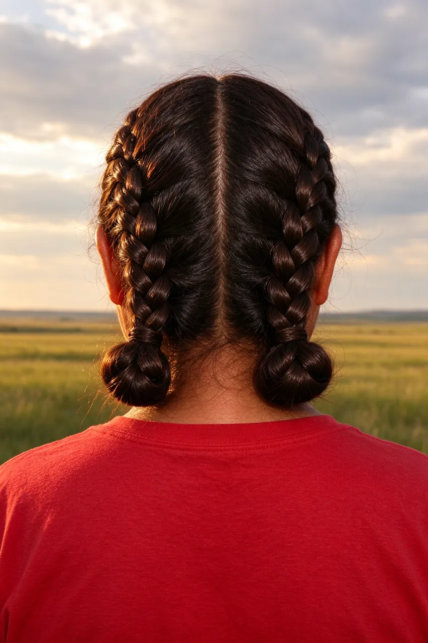 Back view of a person with double Dutch braids in low buns standing in a prairie at golden hour