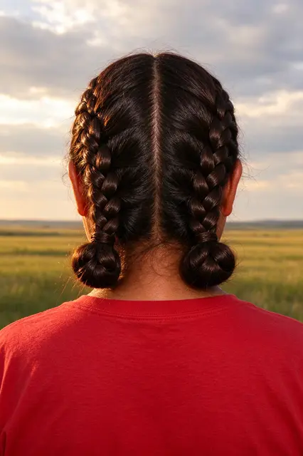 Back view of a person with double Dutch braids in low buns standing in a prairie at golden hour