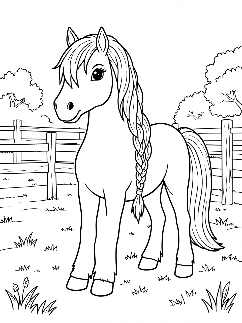 Black and white line art of a pony with a braided mane standing in a fenced paddock