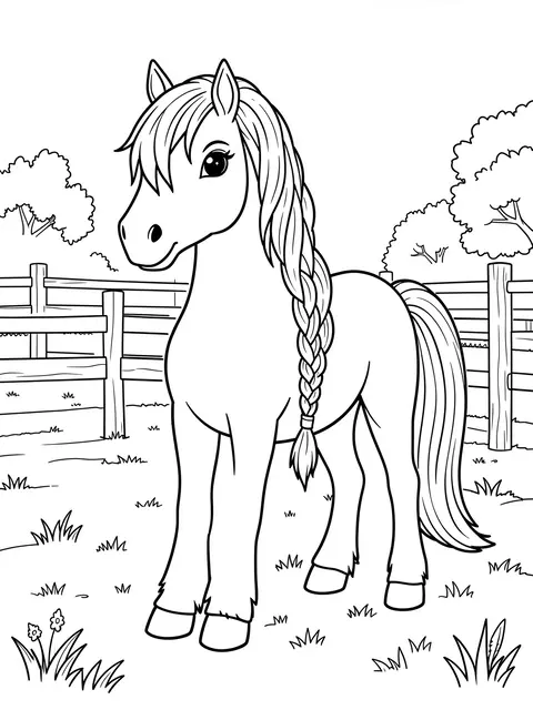 Black and white line art of a pony with a braided mane standing in a fenced paddock