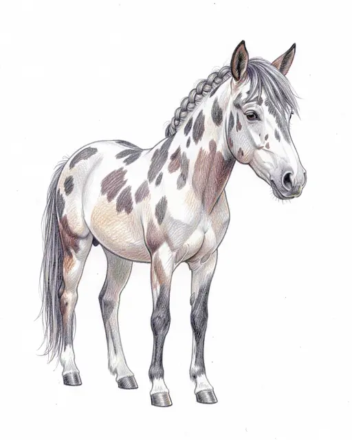 Colored pencil illustration of a spotted pony with a braided mane standing on plain white paper