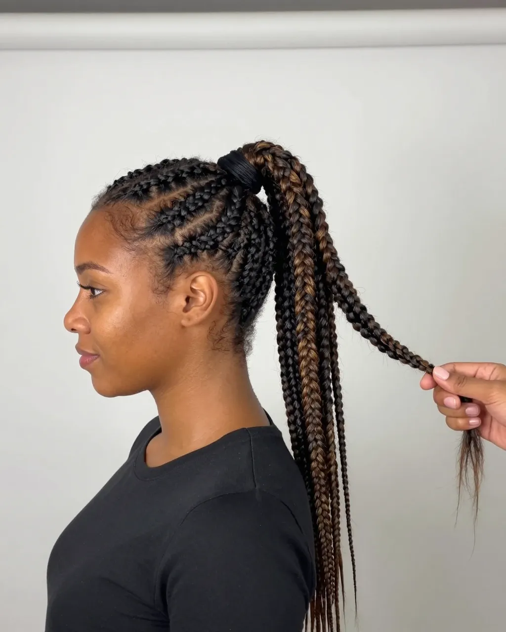 Profile view of a woman with zigzag feed-in braids in a high ponytail while a hand holds one braid against a plain backdrop