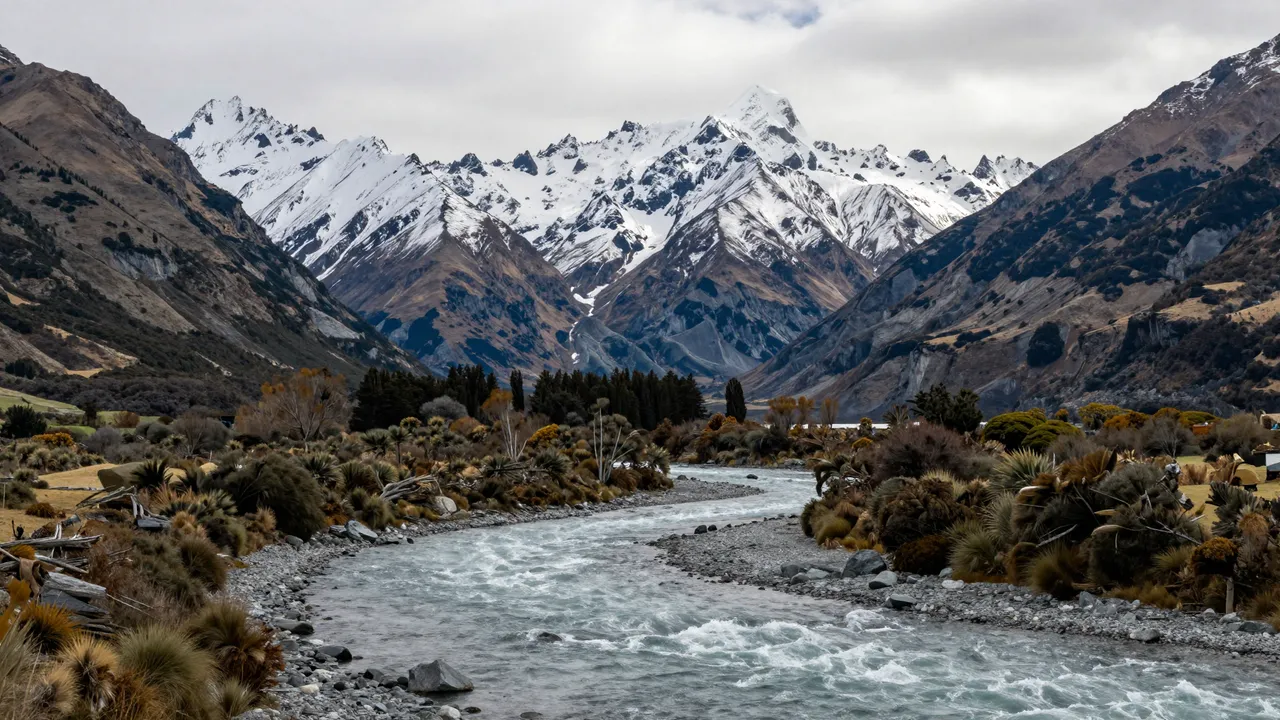 A rushing braided river winds through a valley leading to snow-capped New Zealand peaks under overcast skies