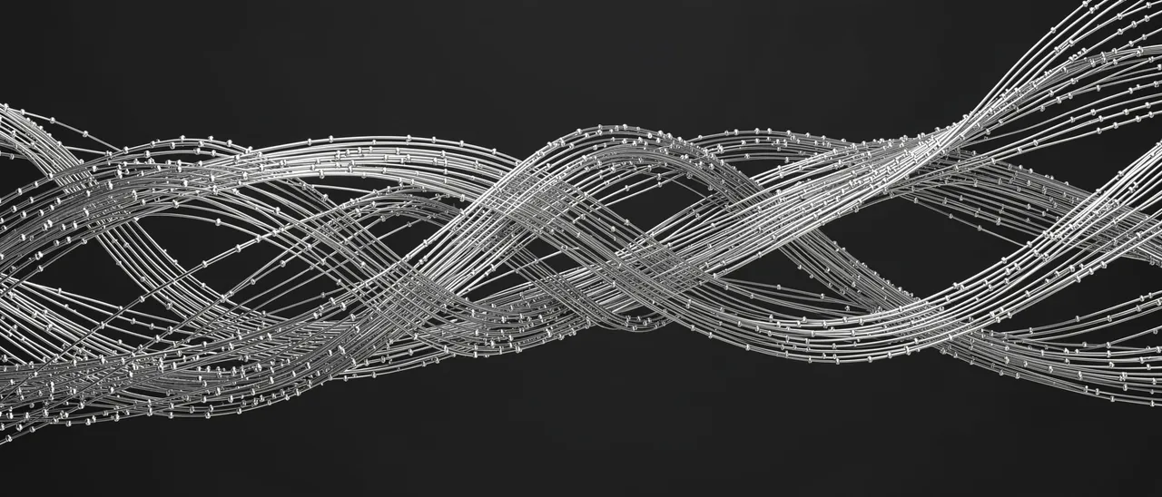 Interwoven silver particle streams stretch horizontally across a dark charcoal background