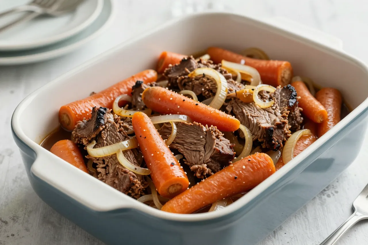 Braised brisket with whole carrots and onion rings sits in a ceramic roasting dish on a light table.