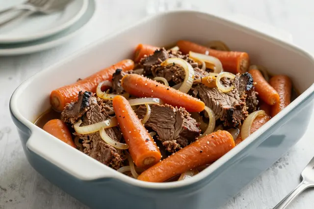 Braised brisket with whole carrots and onion rings sits in a ceramic roasting dish on a light table.