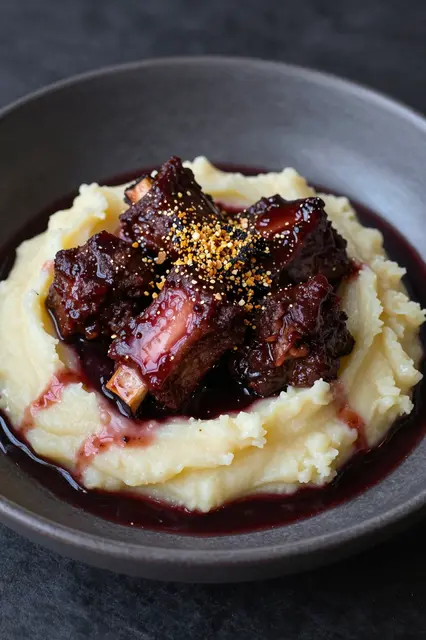 Red wine braised short ribs topped with seasoning rest on creamy mashed potatoes in a dark ceramic bowl
