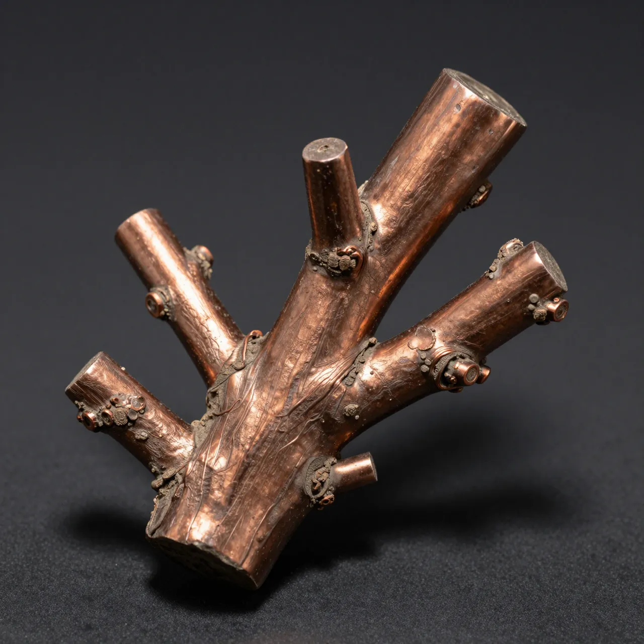 A branching native copper mineral specimen with warm metallic sheen rests against a dark black background