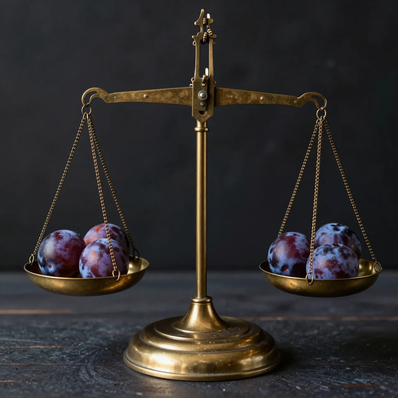 Antique brass balance scale holding purple plums in both pans against a dark background