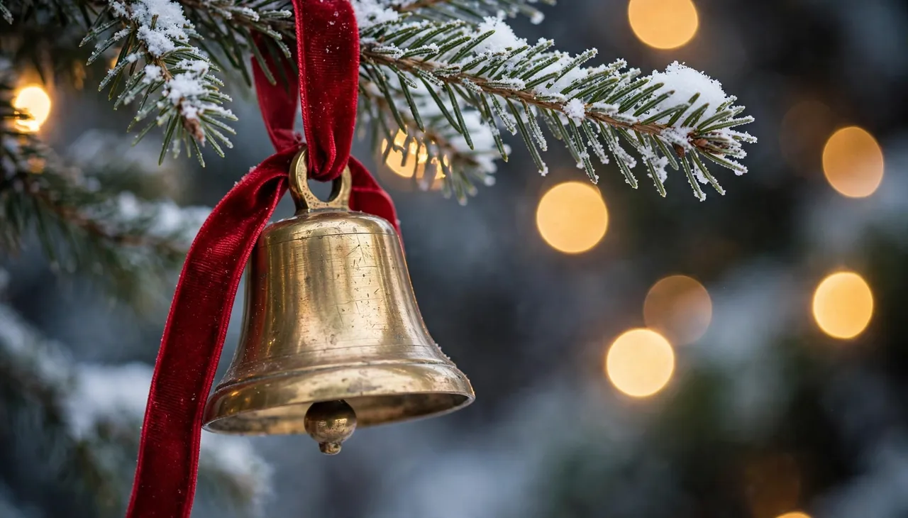 A brass bell on a red velvet ribbon hangs from a snow-dusted fir branch with warm bokeh fairy lights in the background.
