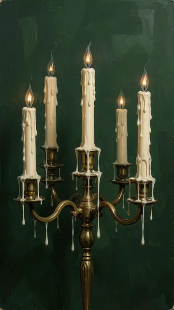 Lit dripping ivory candles in an ornate brass candelabra against a deep dark green wall, rendered as an oil painting