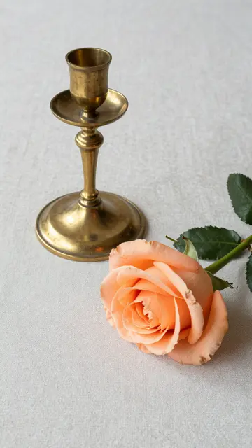 A vintage brass candlestick and soft peach rose rest on a pale linen table surface.