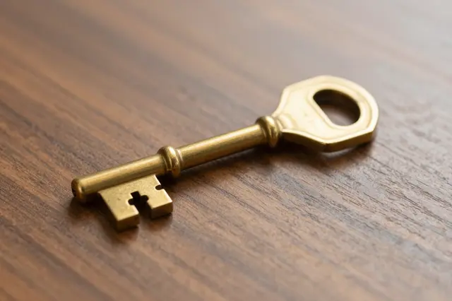 A vintage brass skeleton key rests flat on a polished warm brown wooden desk surface