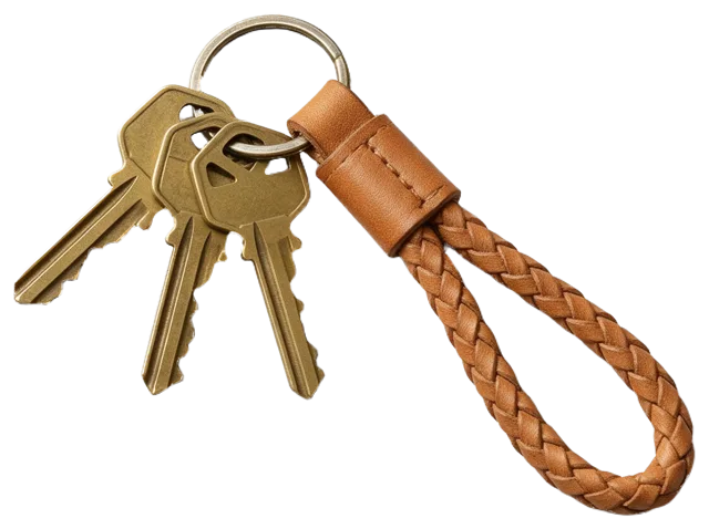 Three brass keys on a metal key ring attached to a braided tan leather key fob