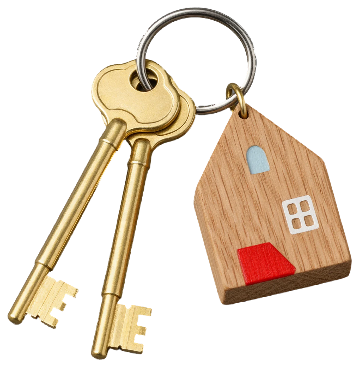Two brass keys on a metal keyring paired with a small painted wooden house key fob.