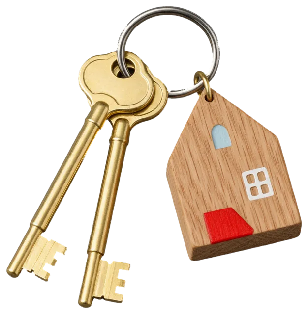 Two brass keys on a metal keyring paired with a small painted wooden house key fob.