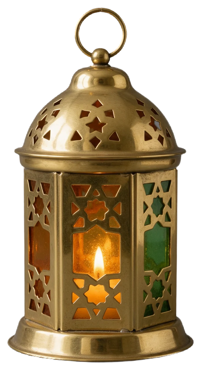 Lit brass Ramadan lantern with pierced geometric patterns and glowing amber and green glass panes