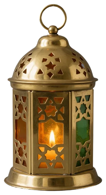 Lit brass Ramadan lantern with pierced geometric patterns and glowing amber and green glass panes