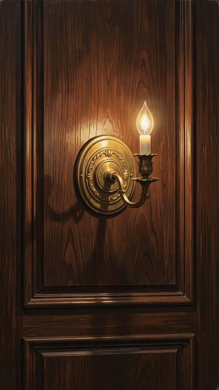 Glowing ornate brass wall sconce mounted on dark carved oak wood paneling