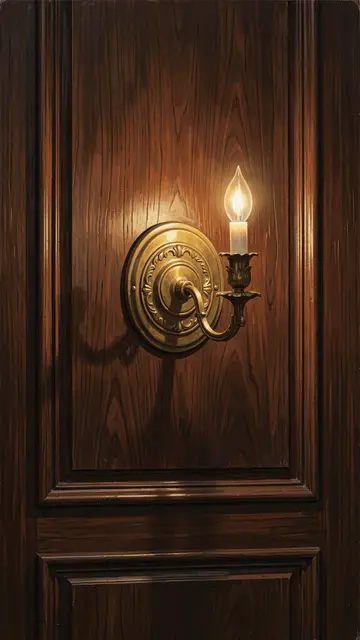 Glowing ornate brass wall sconce mounted on dark carved oak wood paneling