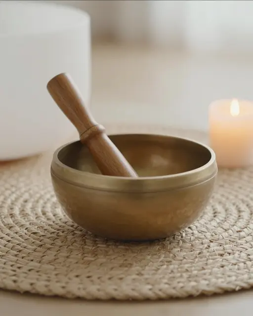 Brass singing bowl with wooden mallet rests on a woven mat beside a lit candle in soft morning light