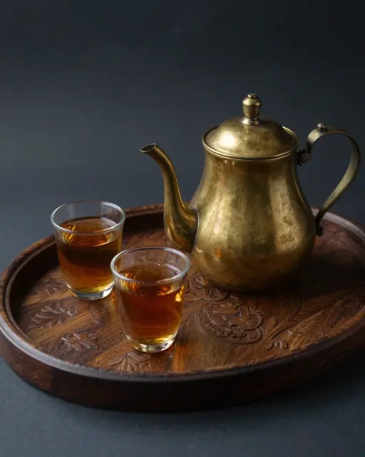 A brass teapot and two small glasses of amber tea sit on a carved wooden tray against a dark background