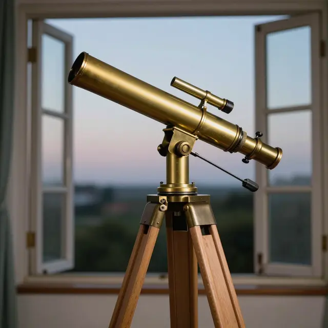Vintage brass telescope on a wooden tripod positioned in front of an open window at soft dusk