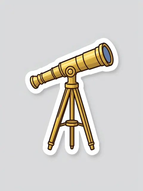 A die-cut sticker of a brass tripod telescope sits on a plain light gray background