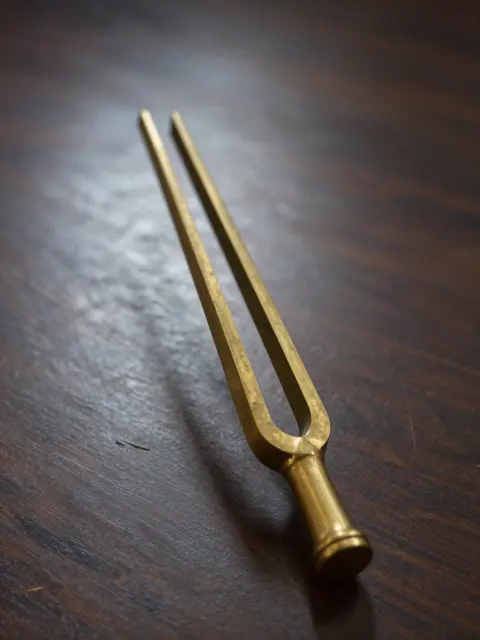 A polished brass tuning fork rests on a dark wooden surface lit by soft directional light