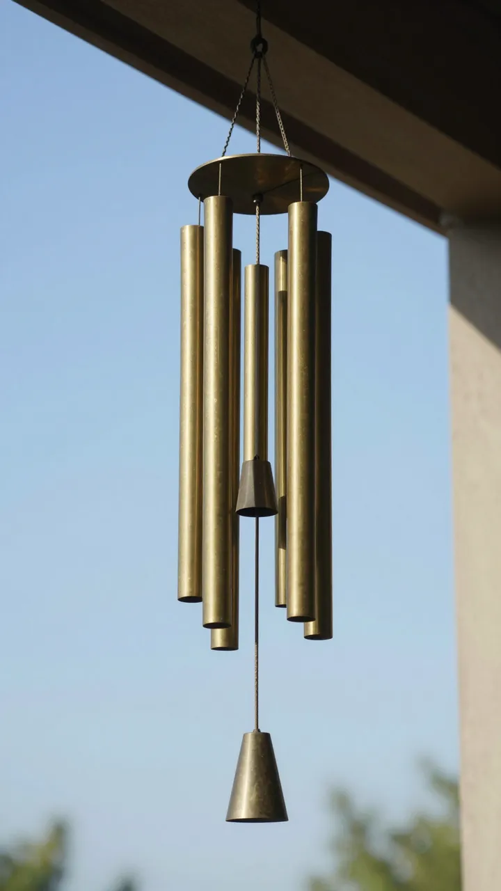 Brass wind chimes hang from a porch eave against a clear bright blue summer sky