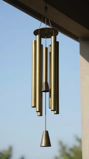 Brass wind chimes hang from a porch eave against a clear bright blue summer sky