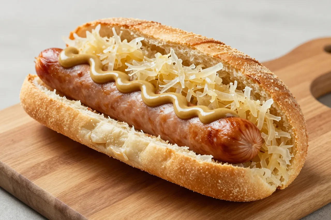 A bratwurst in a crusty roll topped with sauerkraut and mustard rests on a wooden cutting board.