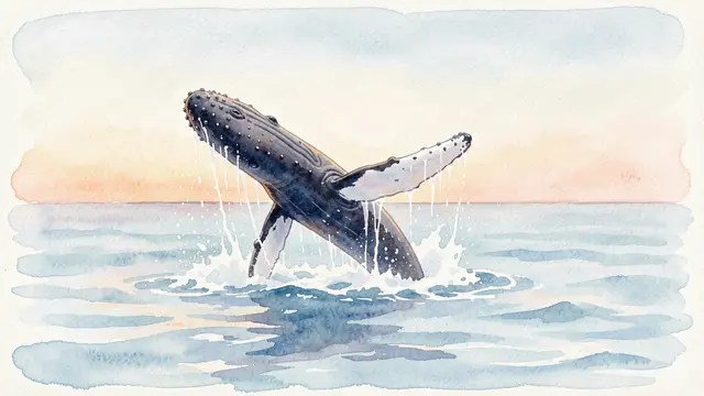 Watercolor painting of a humpback whale breaching from a pale blue ocean at soft dawn