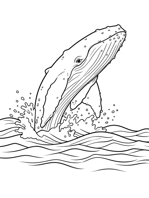 Black and white line drawing of a humpback whale breaching from ocean waves on a plain white background