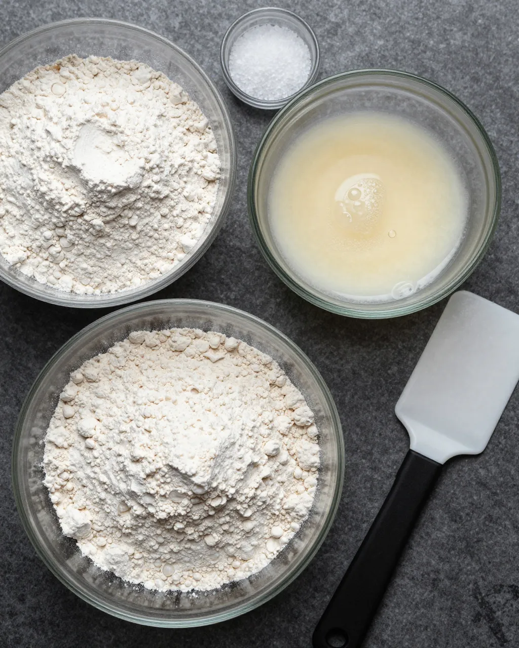 Overhead flat lay of glass bowls of flour, bubbly starter, salt, and a dough scraper on a gray countertop.